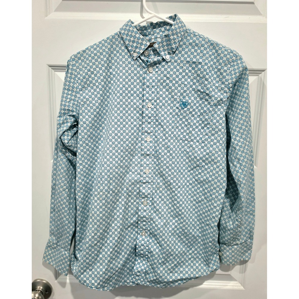 Ariat Button Down Shirt Boys XL 18 Blue White Stretch Western Geometric Classic